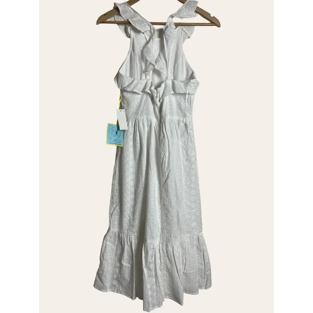Cece White Eyelet Embroidered Atrapoy Ruffled Sleeveless Midi Dress Size 0 - Picture 2 of 9